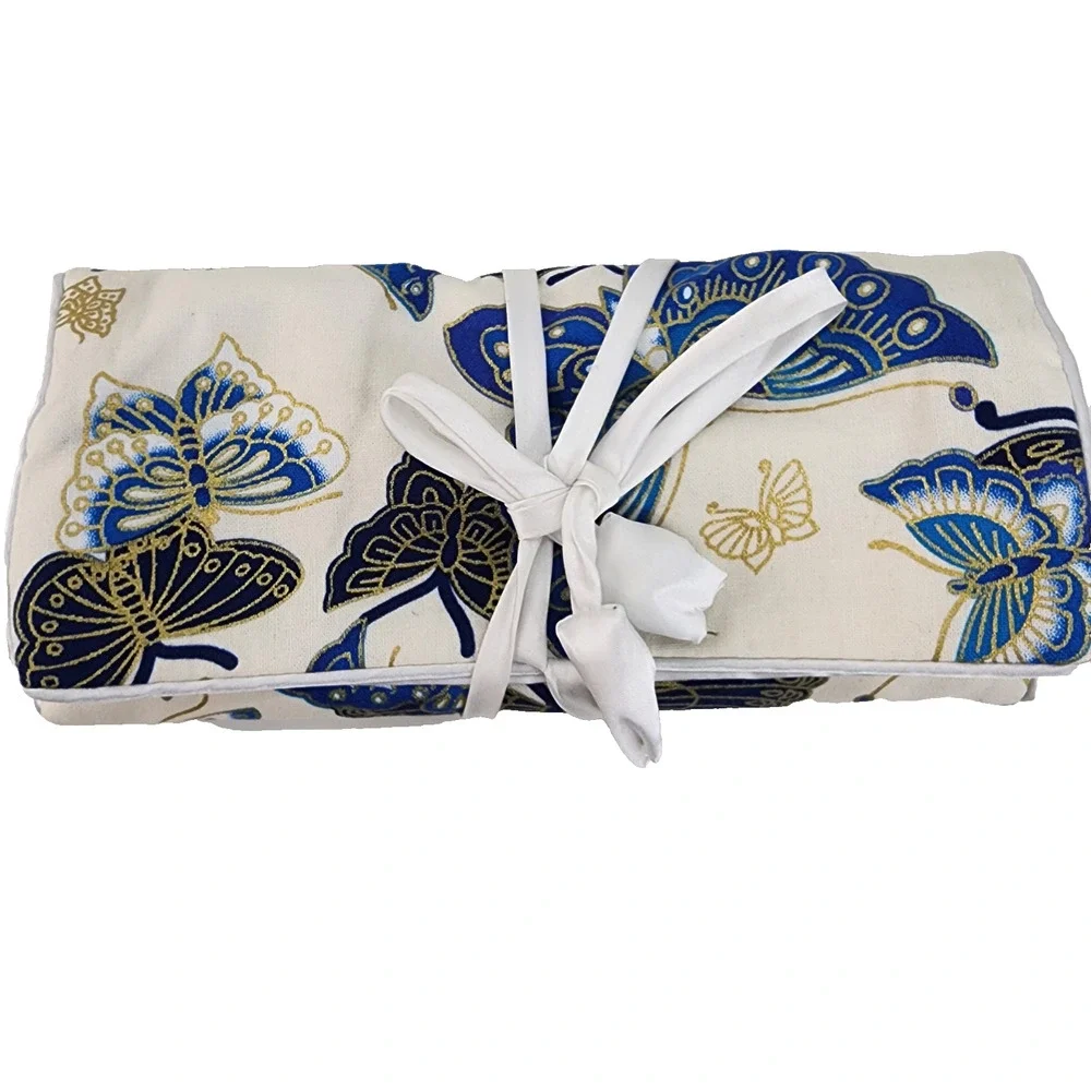 Travel Jewelry Organizer Roll Blue Butterfly Fold Up Case 3 Zip Compartments